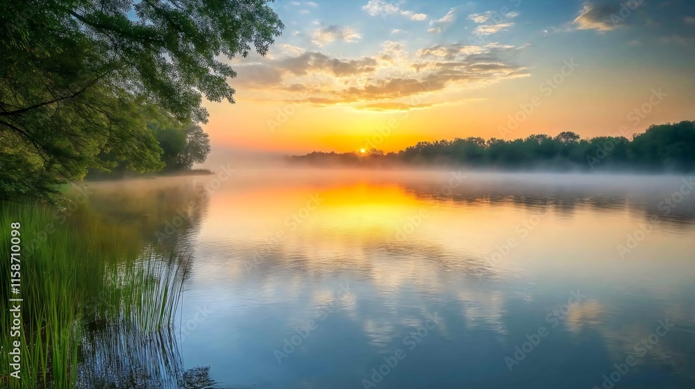 Fototapeta premium Serene Sunset Over the River: A Peaceful Reflection of Trees and Clouds with Calm Waters, Golden Hour Light, and Tranquil Natural Beauty