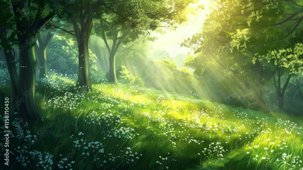 Obraz premium A lush green field with a bright sun shining through the trees
