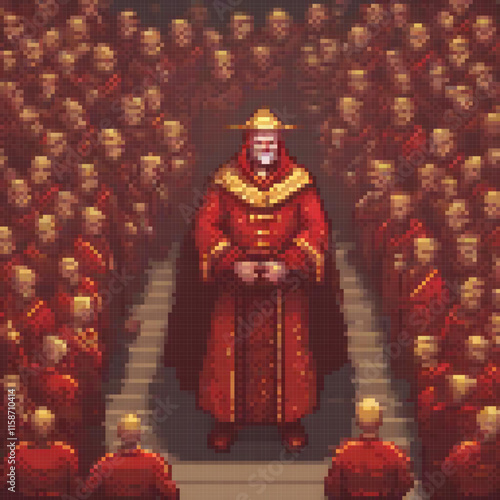 Pixel art depicts scene where man stands front crowd possibly king religious figure hat robe