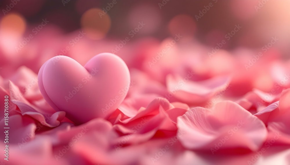 Obraz premium Pink heart with rose petals on blurred background. Romantic holidays and floral decor concept. For Valentine's Day, weddings. Digital illustration for wallpaper, banner with copy space