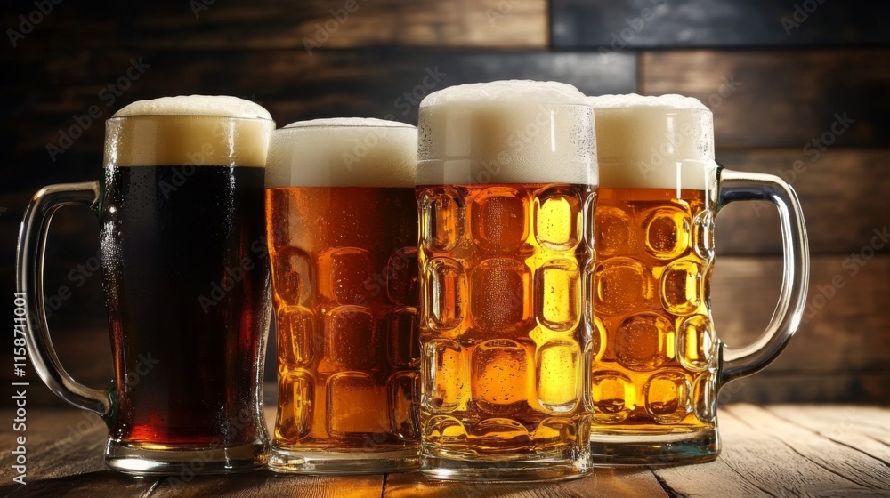Four glassed of beer on wooden background Four glassed of beer on wooden background