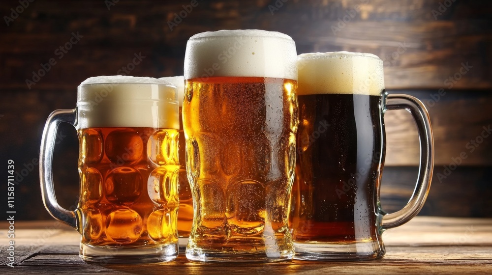 Four glassed of beer on wooden background Four glassed of beer on wooden background