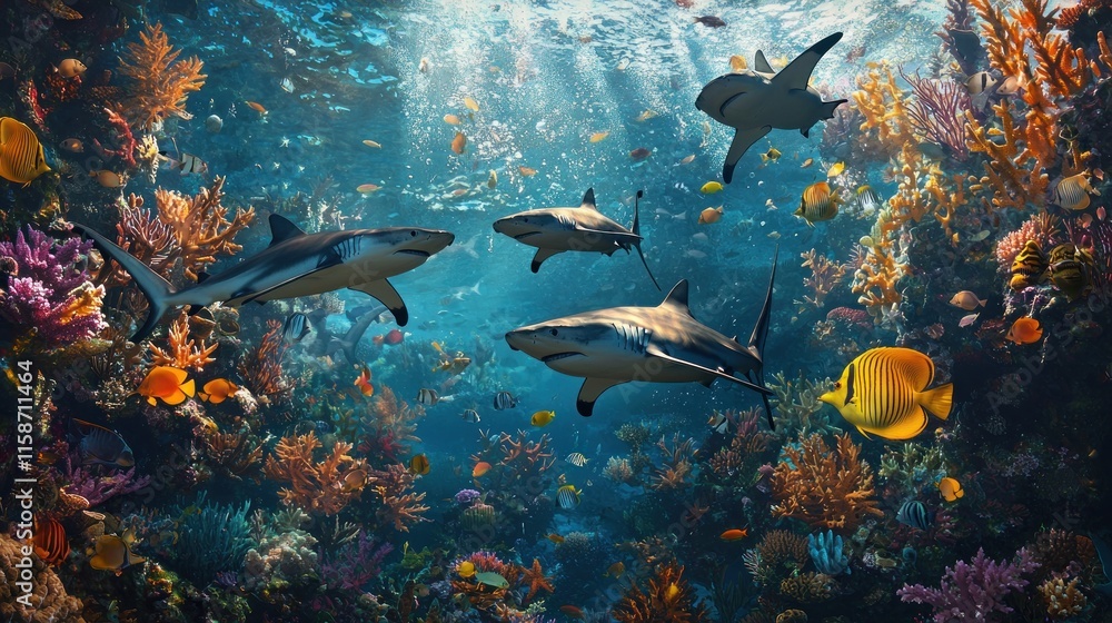 Fototapeta premium Sharks swimming in vibrant coral reef.