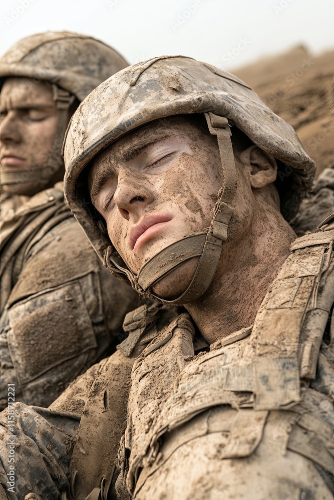 Fototapeta premium Soldiers Resting on the Battlefield After Conflict