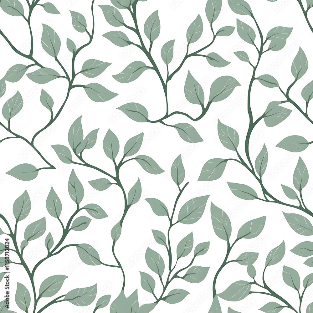 Seamless pattern of sage green vines gracefully sprawled across a crisp white background Seamless pattern of sage green vines gracefully sprawled across a crisp white background