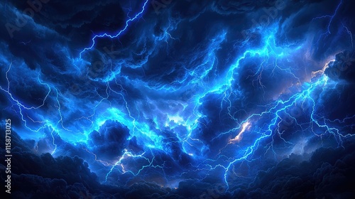 Electrifying Thunderstorm with Dramatic Blue Lightning Illuminating Dark Storm Clouds in a Night Sky