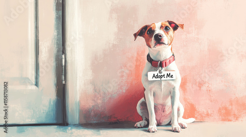 Adopt dog and give them loving home. This attentive dog sits beside door, wearing Adopt Me sign, showcasing their eagerness for companionship and care