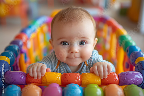 A cheerful baby standing in a colorful walker, gripping the handle tightly with a curious expression, set against a clean white background to emphasize their determination and first steps, photo