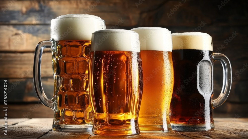 Four glassed of beer on wooden background Four glassed of beer on wooden background