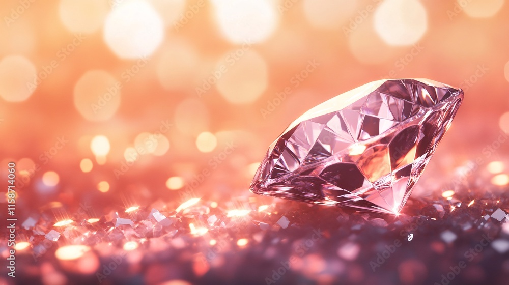 Sparkling pink diamond resting on glittering surface with warm bokeh background Sparkling pink diamond resting on glittering surface with warm bokeh background