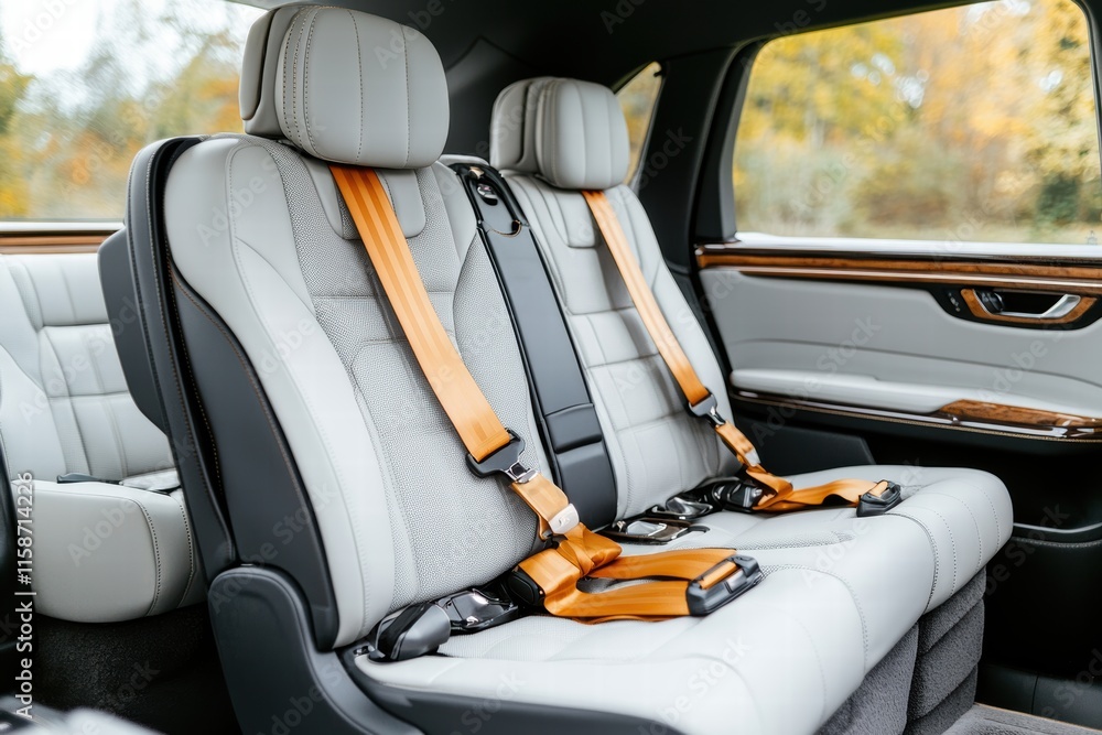 The image shows a modern car interior featuring two front seats with orange seatbelts, highlighting comfort and safety. The image shows a modern car interior featuring two front seats with orange seatbelts, highlighting comfort and safety.