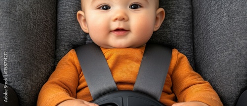 A happy baby in a car seat, wearing an orange shirt, smiling at the camera, secured with safety straps. photo