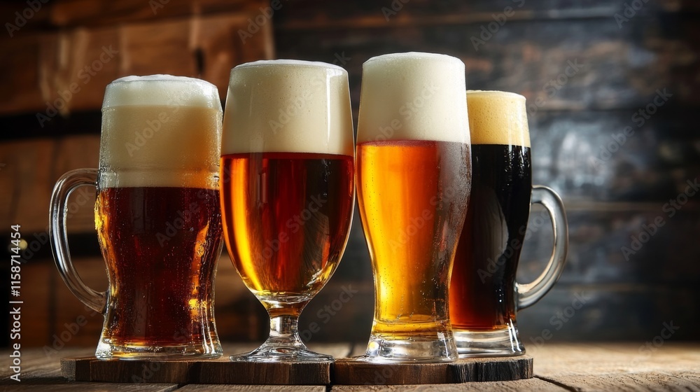 Four glassed of beer on wooden background Four glassed of beer on wooden background