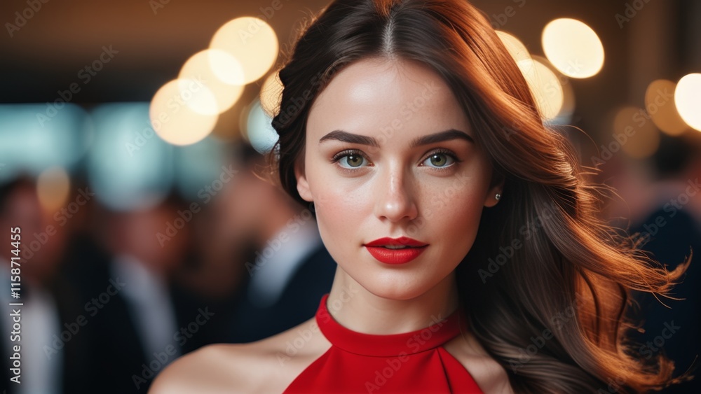 cute woman face in red dress close up in hall cute woman face in red dress close up in hall