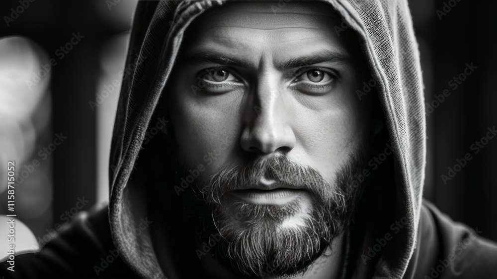 black and white portrait of a bearded man in a hood close up black and white portrait of a bearded man in a hood close up