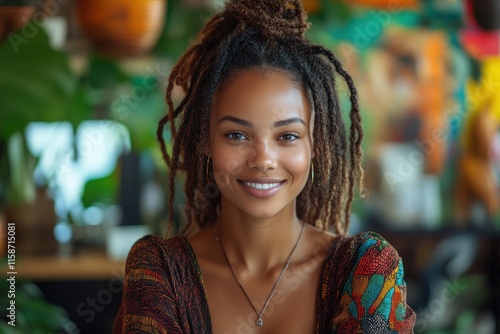 A woman with dreadlocks is smiling and wearing a necklace. Generative AI