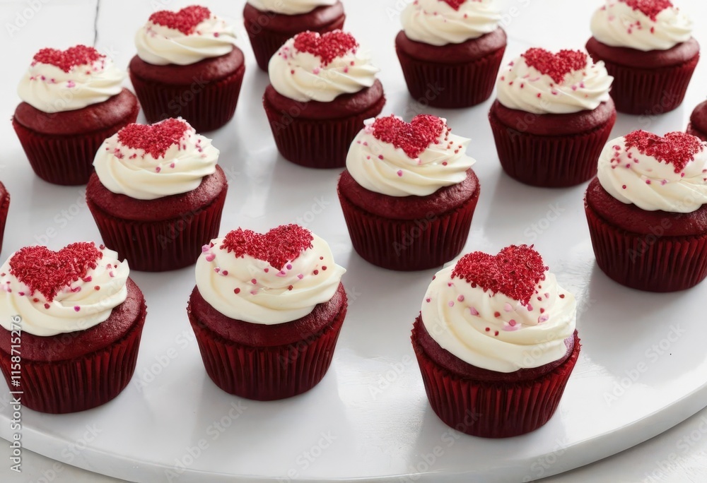 Red velvet cupcakes with heart sprinkles on frosting. Red velvet cupcakes with heart sprinkles on frosting.