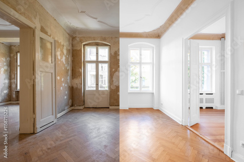 Foto Room before renovation, empty flat interior in old building