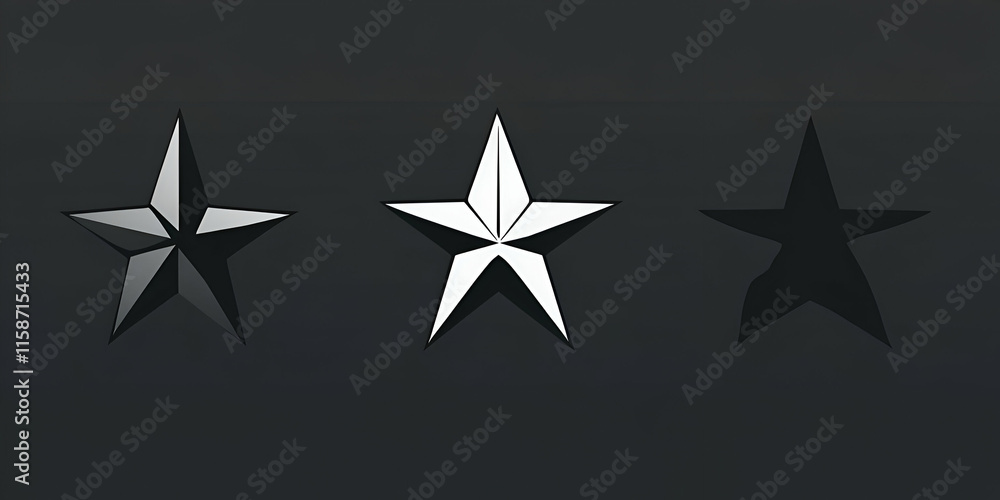 Obraz premium Three Stars, Shades of Gray, White, and Black, Representing Different Levels of Achievement or Status Symbolically. Design Elements in Graphic Art.
