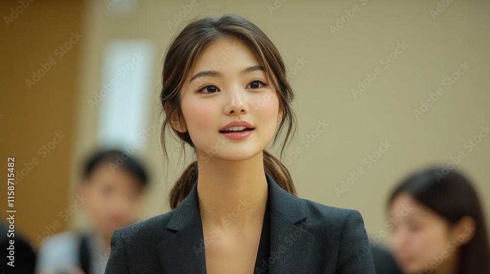 A woman with a black jacket and a ponytail is smiling. Generative AI