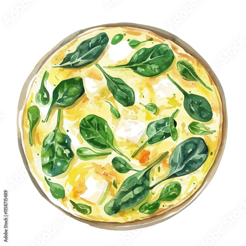 A watercolor vector painting of Italian frittata with spinach and cheese, isolated on a white background. Italian frittata vector.

