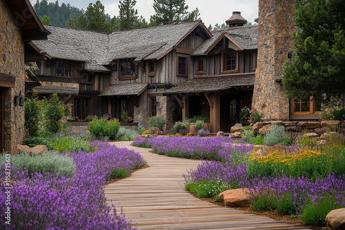 Scenic Lodge with Flower Garden on Mountain Pathway