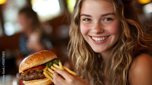 Girl Smiling Happily While Eating Burger And Fries