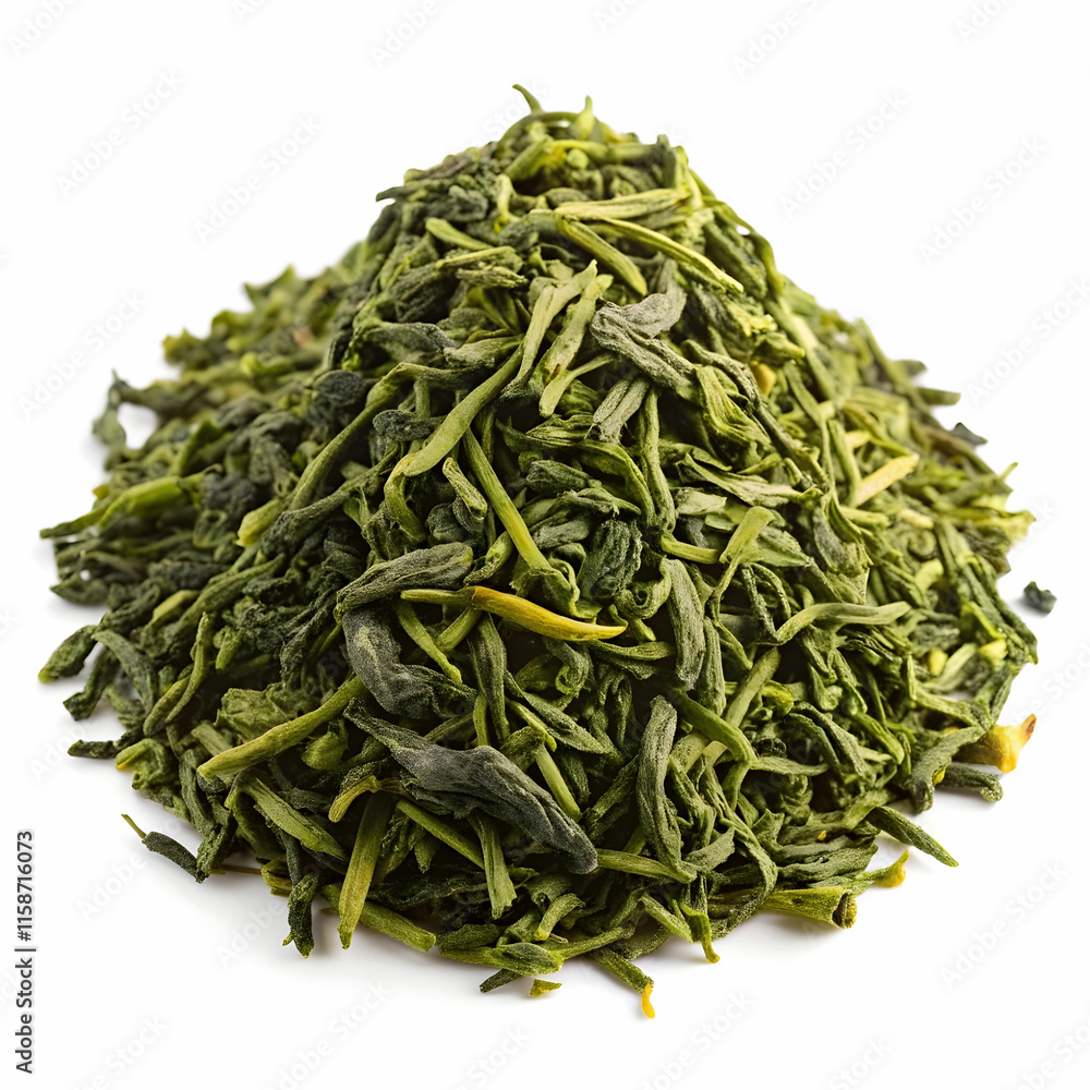 A small heap of green tea leaves is neatly arranged, showcasing their vibrant color and delicate texture. A small heap of green tea leaves is neatly arranged, showcasing their vibrant color and delicate texture.