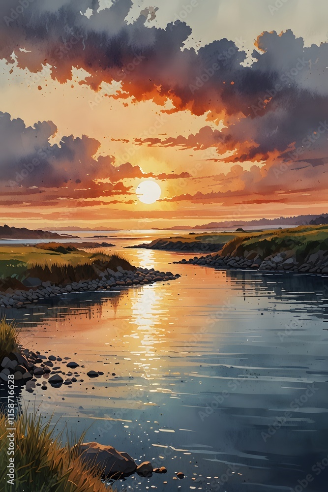 Obraz premium Sunset over the merging river and ocean in watercolor style