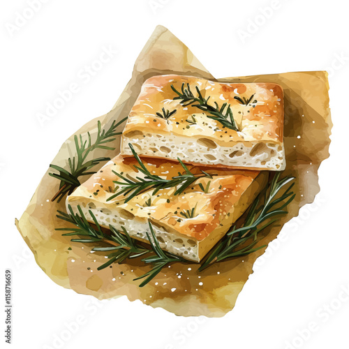 A watercolor vector painting of Italian focaccia with rosemary and sea salt, isolated on a white background. Italian focaccia vector.

