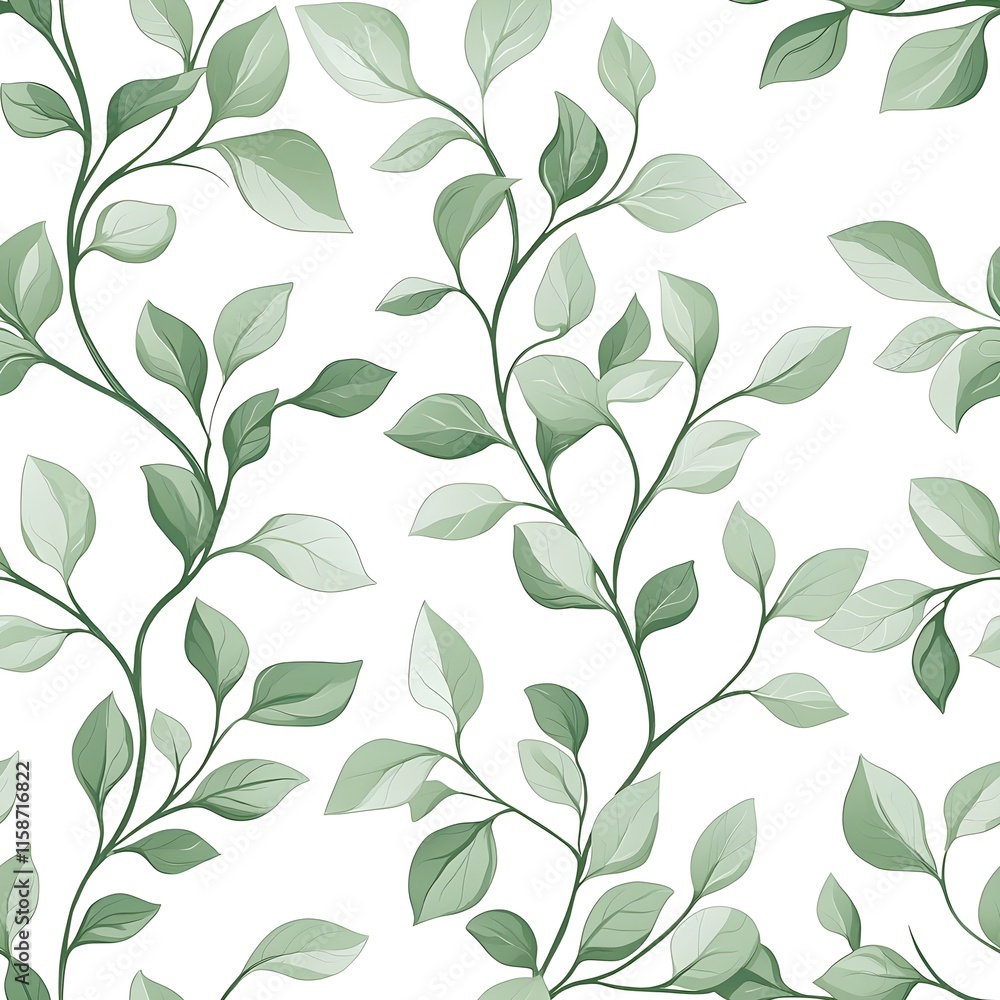 Seamless pattern of sage green vines gracefully sprawled across a crisp white background Seamless pattern of sage green vines gracefully sprawled across a crisp white background