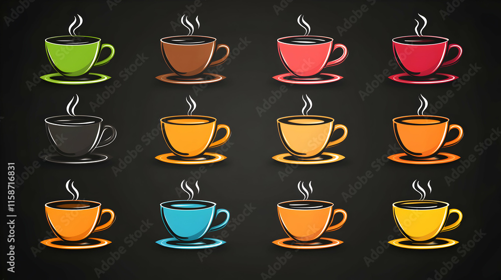 Colorful Coffee Cups Collection, A Delightful Array of Hot Beverages in Various Hues, Served on Saucers, Steaming Warmth, Inviting Aroma. Colorful Coffee Cups Collection, A Delightful Array of Hot Beverages in Various Hues, Served on Saucers, Steaming Warmth, Inviting Aroma.