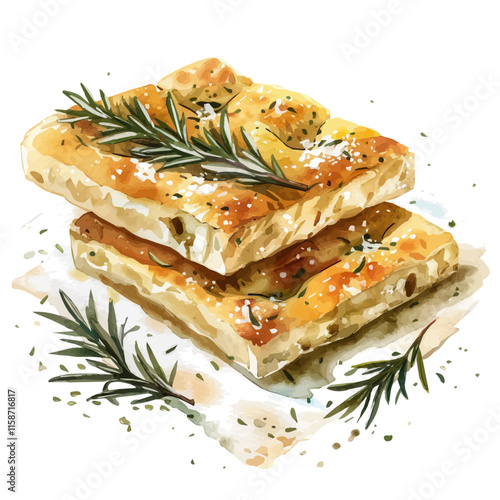 A watercolor vector painting of Italian focaccia bread with rosemary and olives, isolated on a white background. Italian focaccia vector.

