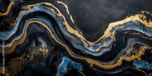 Wallpaper Mural Abstract Swirling Black, Gold, and Blue Marble Texture: Elegant Fluid Art Design Shows Luxury and Opulence. Torontodigital.ca