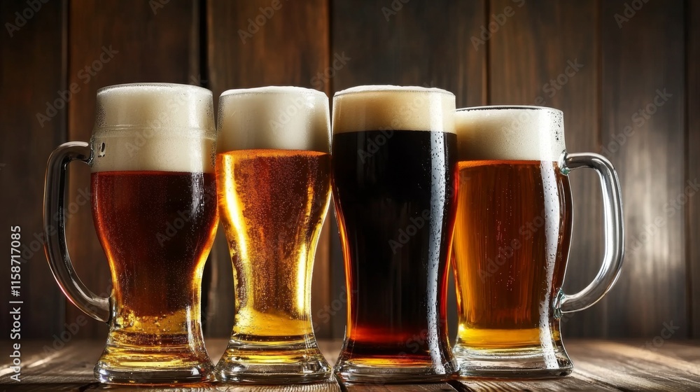 Four glassed of beer on wooden background Four glassed of beer on wooden background