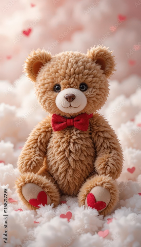 Cute teddy bear with red bowtie surrounded by hearts. Cute teddy bear with red bowtie surrounded by hearts.