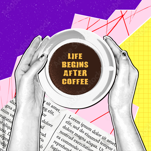 Women's hands hold a cup of coffee in retro collage style. Hand with halftone effect holds a porcelain cup of coffee against an abstract paper background with various scribbфles, wrinkles and grain.