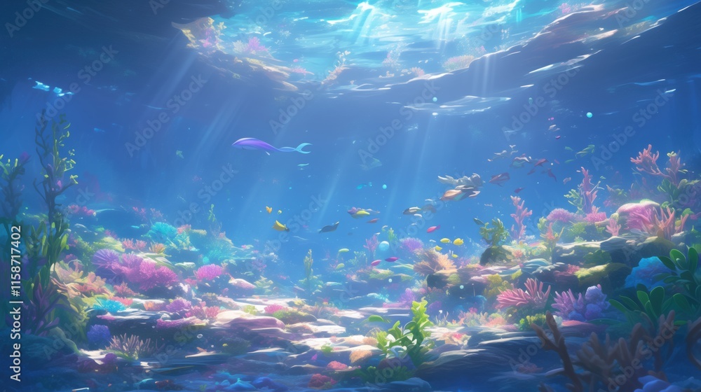 Fototapeta premium A coral reef teeming with colorful marine life under crystal-clear waters.