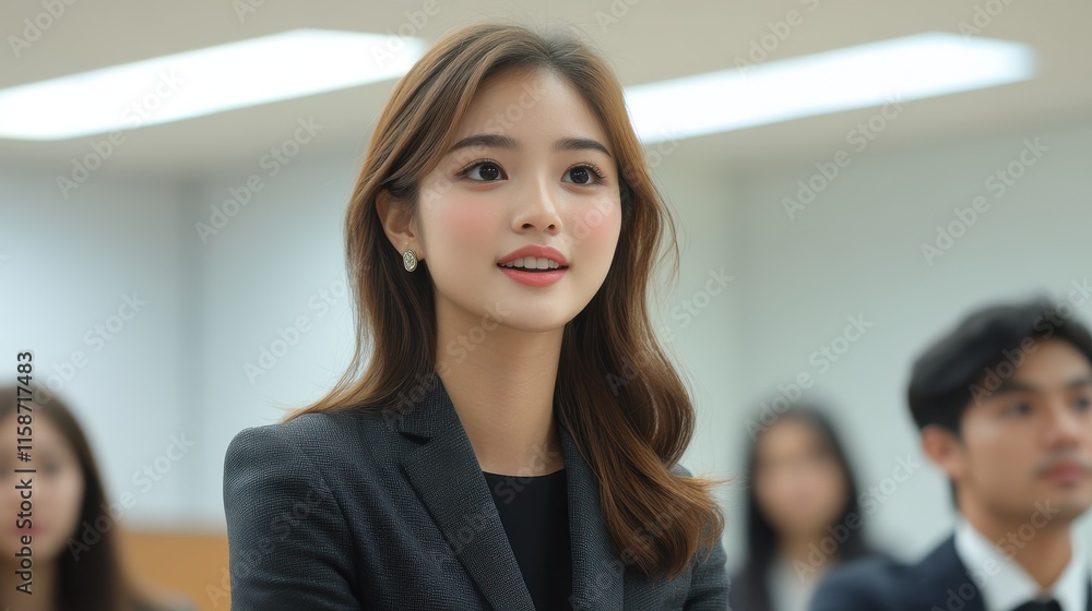 A woman in a black jacket and black dress is smiling at the camera. Generative AI A woman in a black jacket and black dress is smiling at the camera. Generative AI