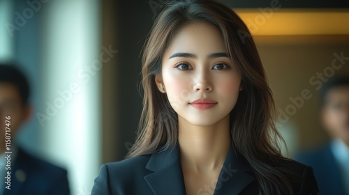 Free Download A woman with long brown hair and a black suit is standing in front of a window. Generative AI - GFXLoad