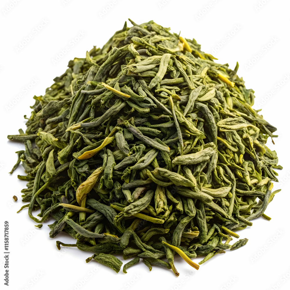 A small heap of green tea leaves is neatly arranged, showcasing their vibrant color and delicate texture. A small heap of green tea leaves is neatly arranged, showcasing their vibrant color and delicate texture.