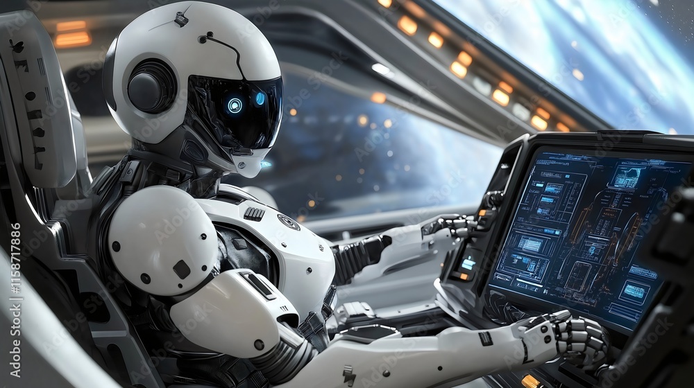 Fototapeta premium Futuristic cockpit, humanoid robot, space travel, sleek design, sci-fi concept, advanced technology, astronaut pilot, digital interface, exploration