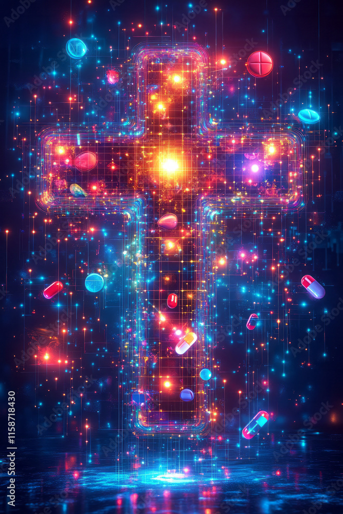 Fototapeta premium A futuristic holographic projection of a medical cross with floating icons of pills, a stethoscope, and a syringe orbiting around it, 