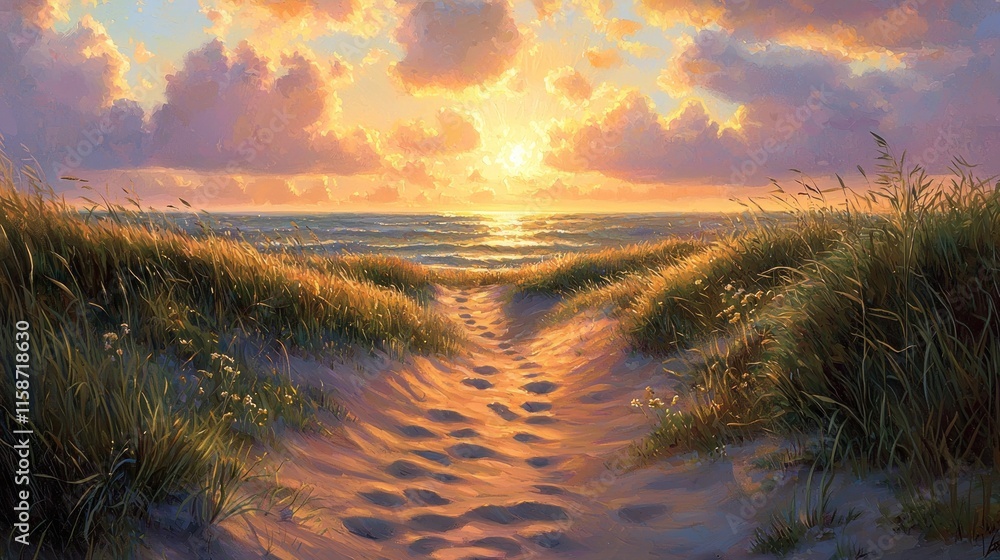 Sandy path through beach grass leads to ocean sunset. Sandy path through beach grass leads to ocean sunset.