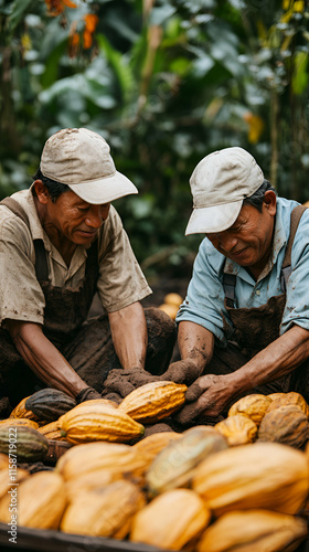 Farmers Harvesting Ripe Cacao Pods in Lush Tropical Plantation