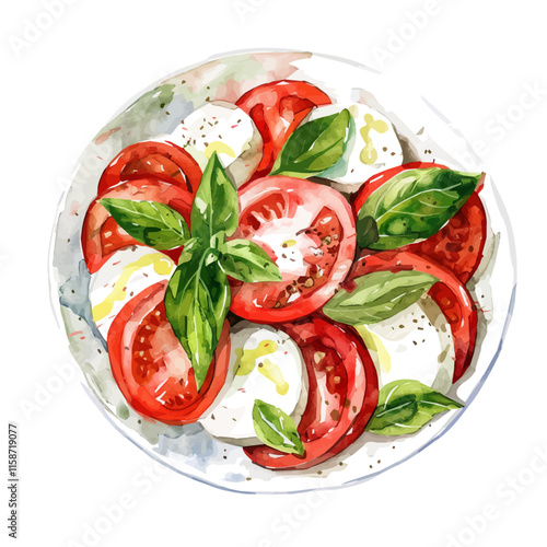 A watercolor vector painting of Italian caprese salad with tomatoes and mozzarella, isolated on a white background. Italian caprese salad vector.

