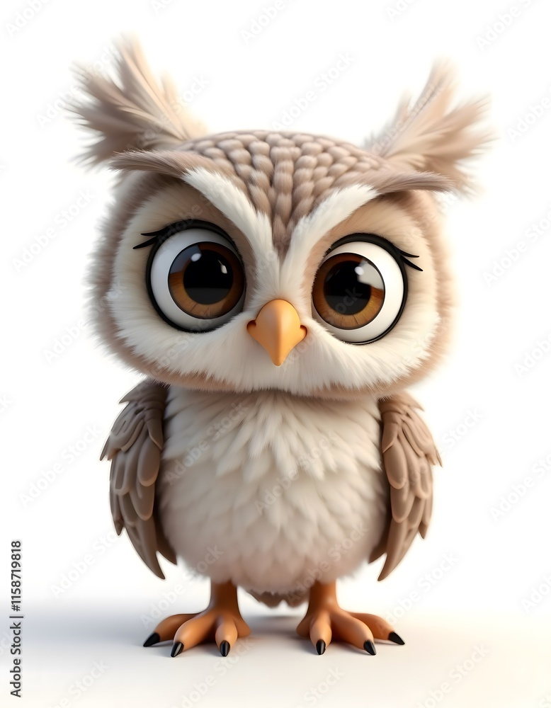 Adorable Baby Owl 3D Render Large Eyes Fluffy Feathers White Background Adorable Baby Owl 3D Render Large Eyes Fluffy Feathers White Background