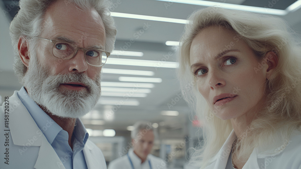 Obraz premium Medical Professionals, Serious Scientists Analyze Data, Contemplating Findings Carefully in Lab