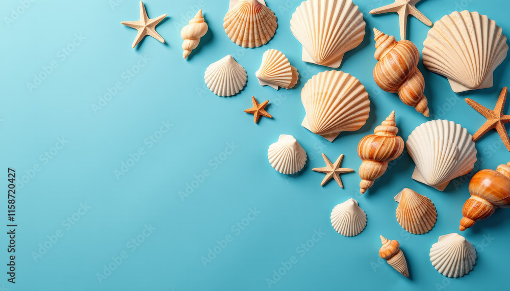 Seashells and Starfish on a Blue Background Seashells and Starfish on a Blue Background