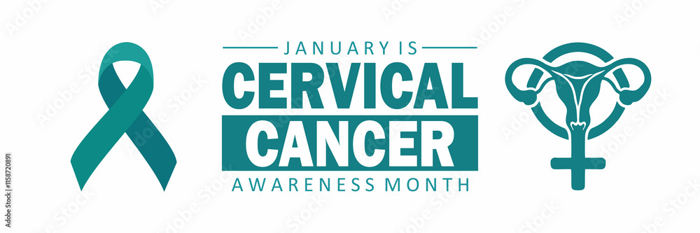 Long horizontal banner for Cervical Cancer Awareness Month. Teal ribbon, medical uterus icon, and bold text on a clean white background. Modern flat vector illustration. Long horizontal banner for Cervical Cancer Awareness Month. Teal ribbon, medical uterus icon, and bold text on a clean white background. Modern flat vector illustration.